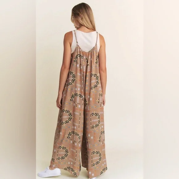 Jade By Jane Boho Aztec Print Wide Leg Sleeveless Jumpsuit in Tan With Pockets - Picture 3 of 10